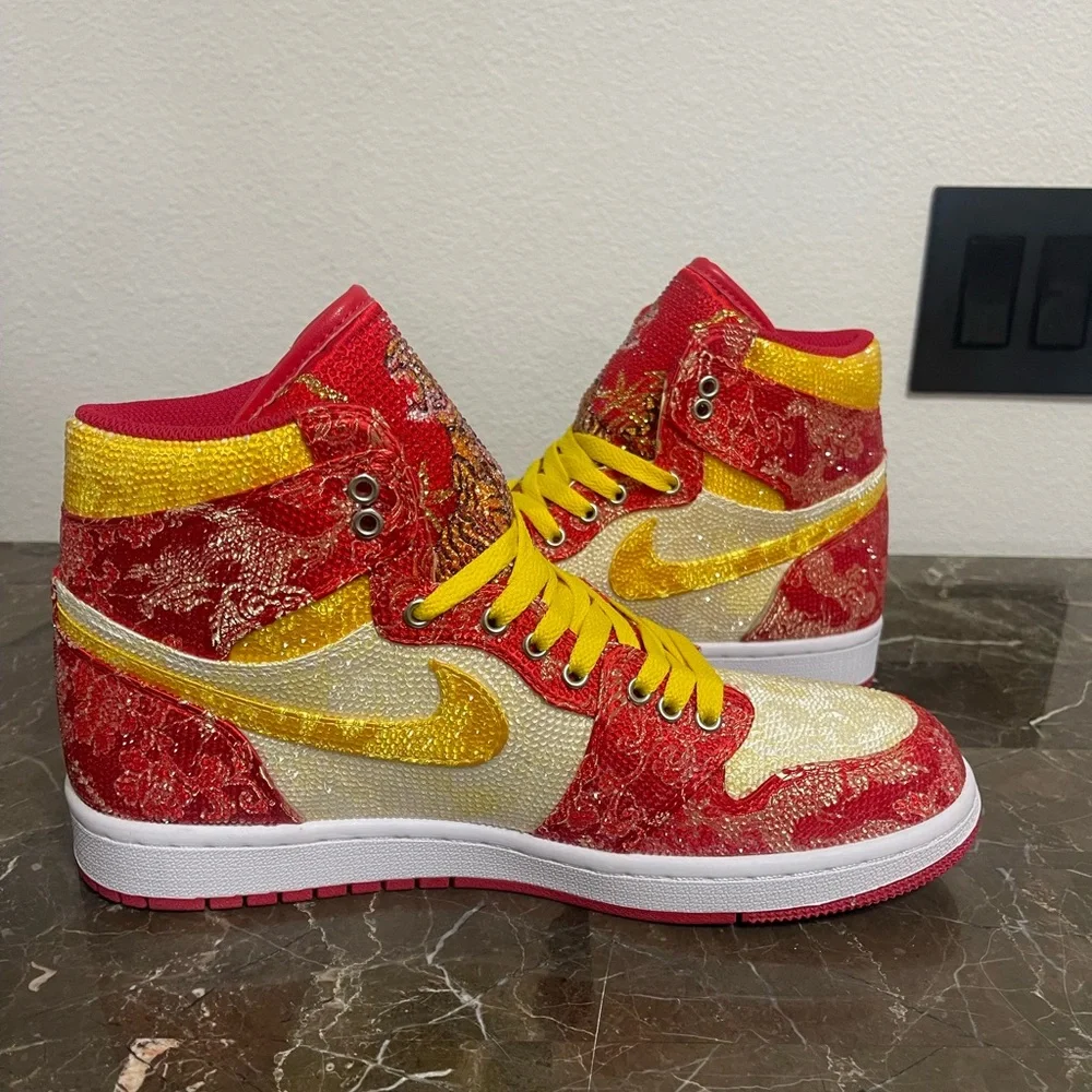 Custom Red, Yellow Rhinestone Crystal Nike Air Jordan Sneakers,Size Euro 41,